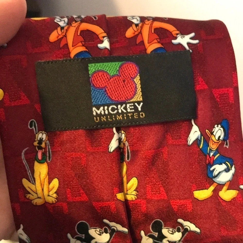 Mickey Unlimited Silk Handmade Mickey Donald Pluto Goofy Dark Red Necktie Retro